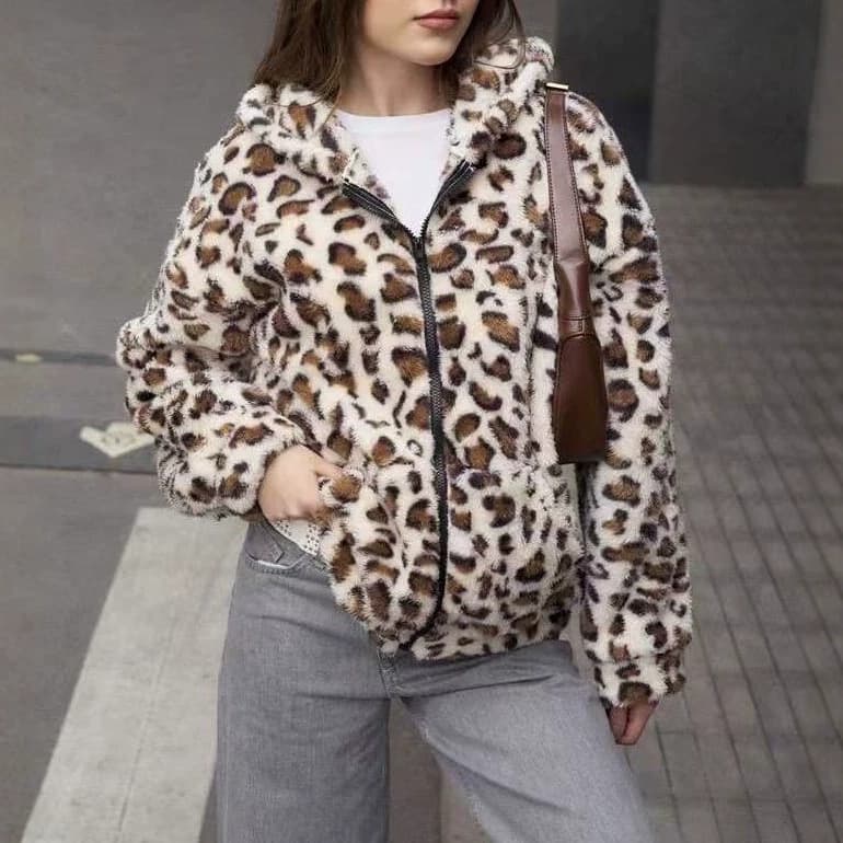 European and American cross-border printed double-sided plush hooded zipper cardigan casual women's autumn and winter plush jacket independent station foreign trade