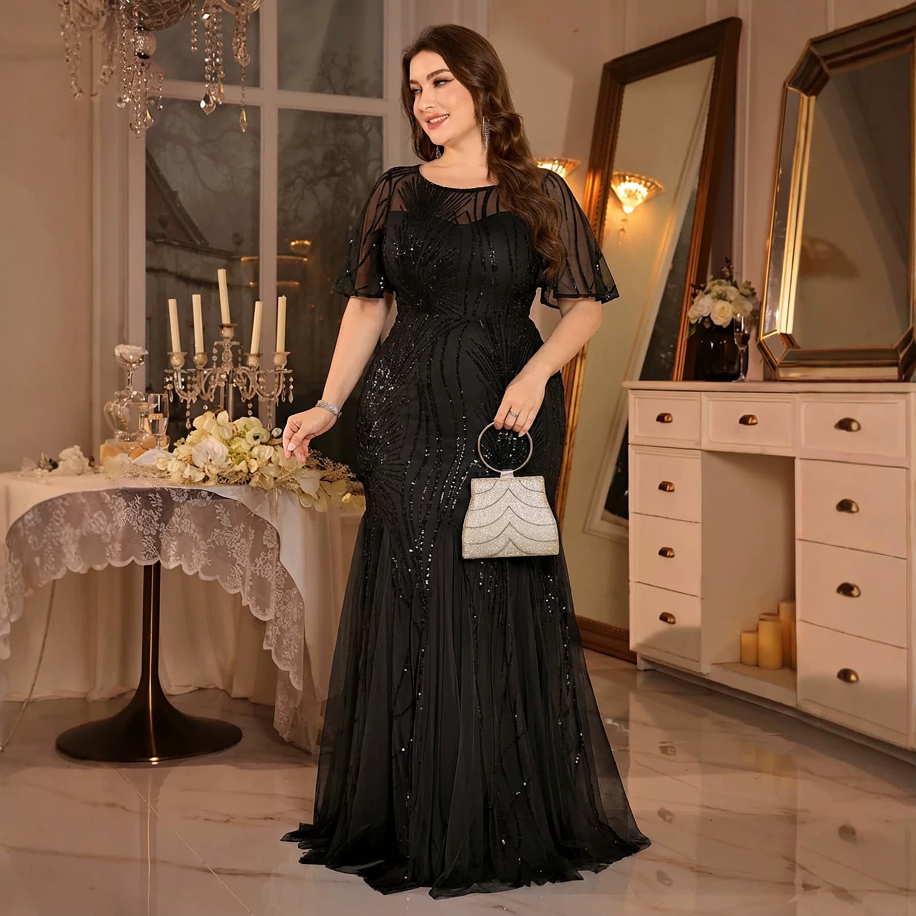 Plus Size Evening Dress Mesh Sequin Banquet Party Cross-Border Batwing Sleeve Sexy Mermaid Tail Long Evening Dress European and American