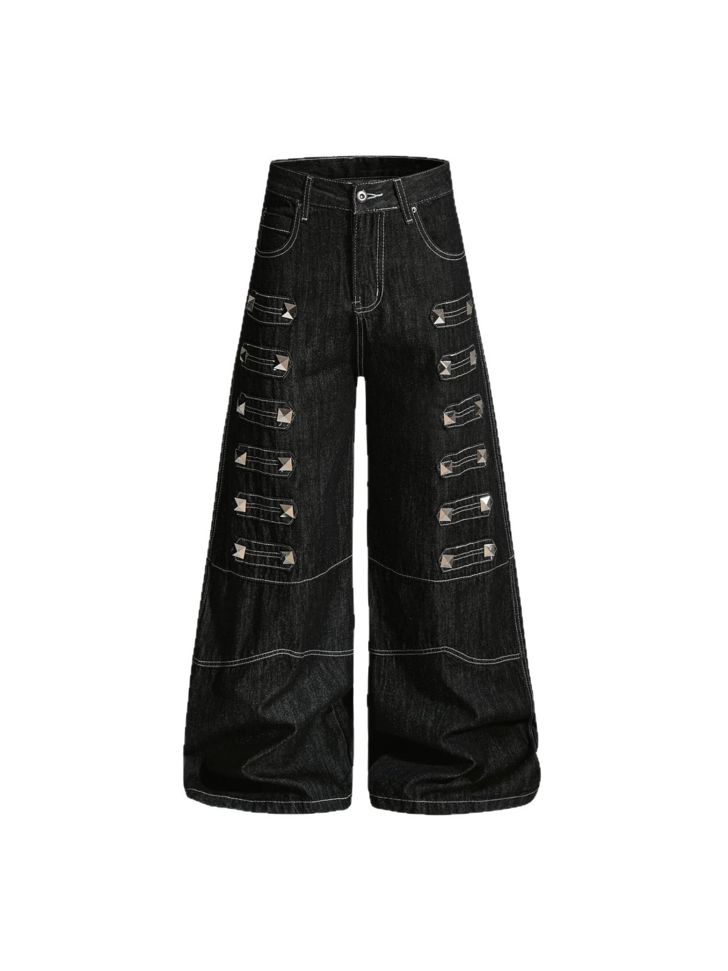 American Heavy-Duty 3D Rivet Jeans Unisex with Visible Stitching, Light Y2K Punk Style, Raw Hem Flared Pants