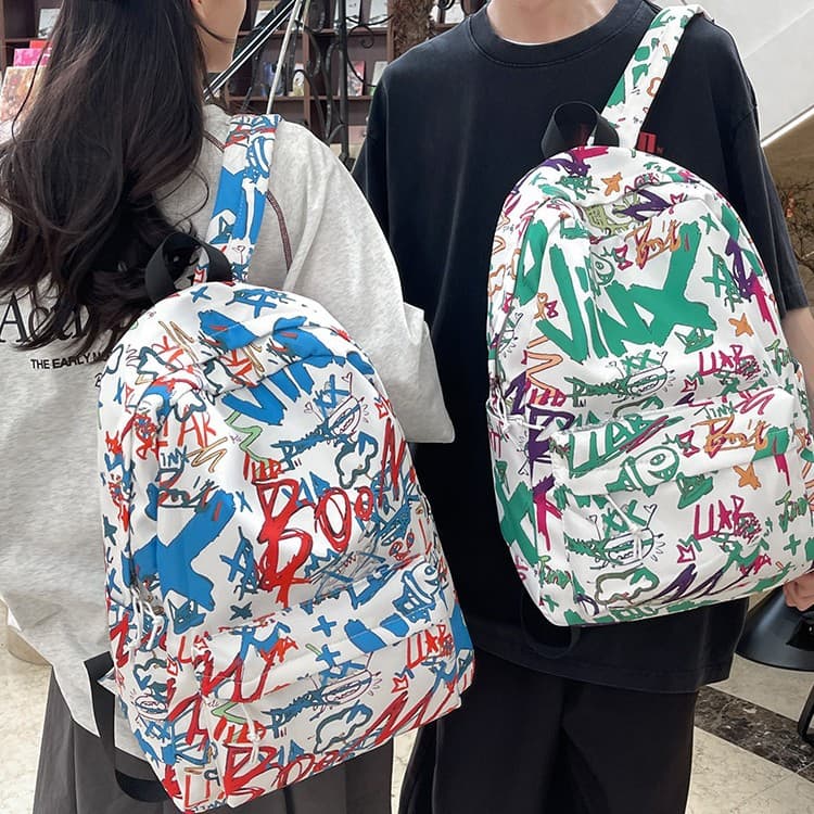 New Korean-style trendy graffiti backpack, lightweight and large-capacity for middle and high school students