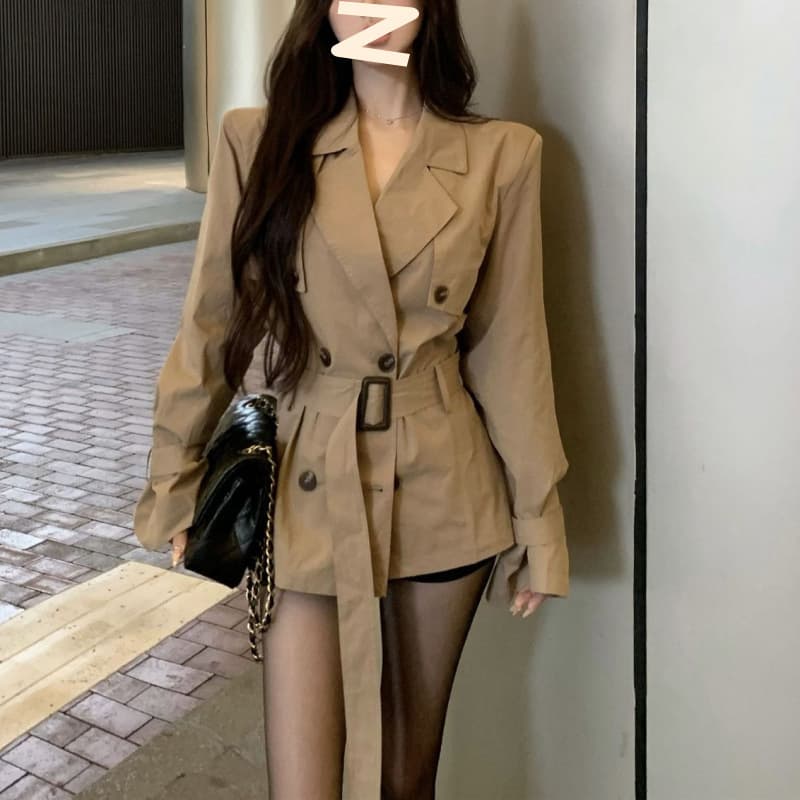 Khaki Trench Coat Women's Autumn 2025 New Long Sleeve Slim Waist Double-breasted Mid-length Outerwear Top
