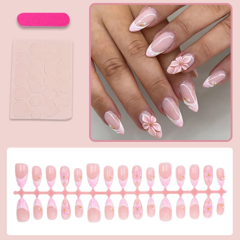 Cross-border 30pcs 3D Nude Pink Floral Almond Press-On Nails Sweet Girl Style Manicure