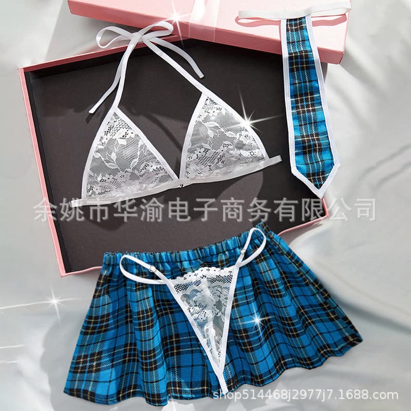 2024 New Uniform Sexy Lingerie Set Sheer Lace Bra Sexy Plaid Skirt Four-Piece Set Erotic Lingerie