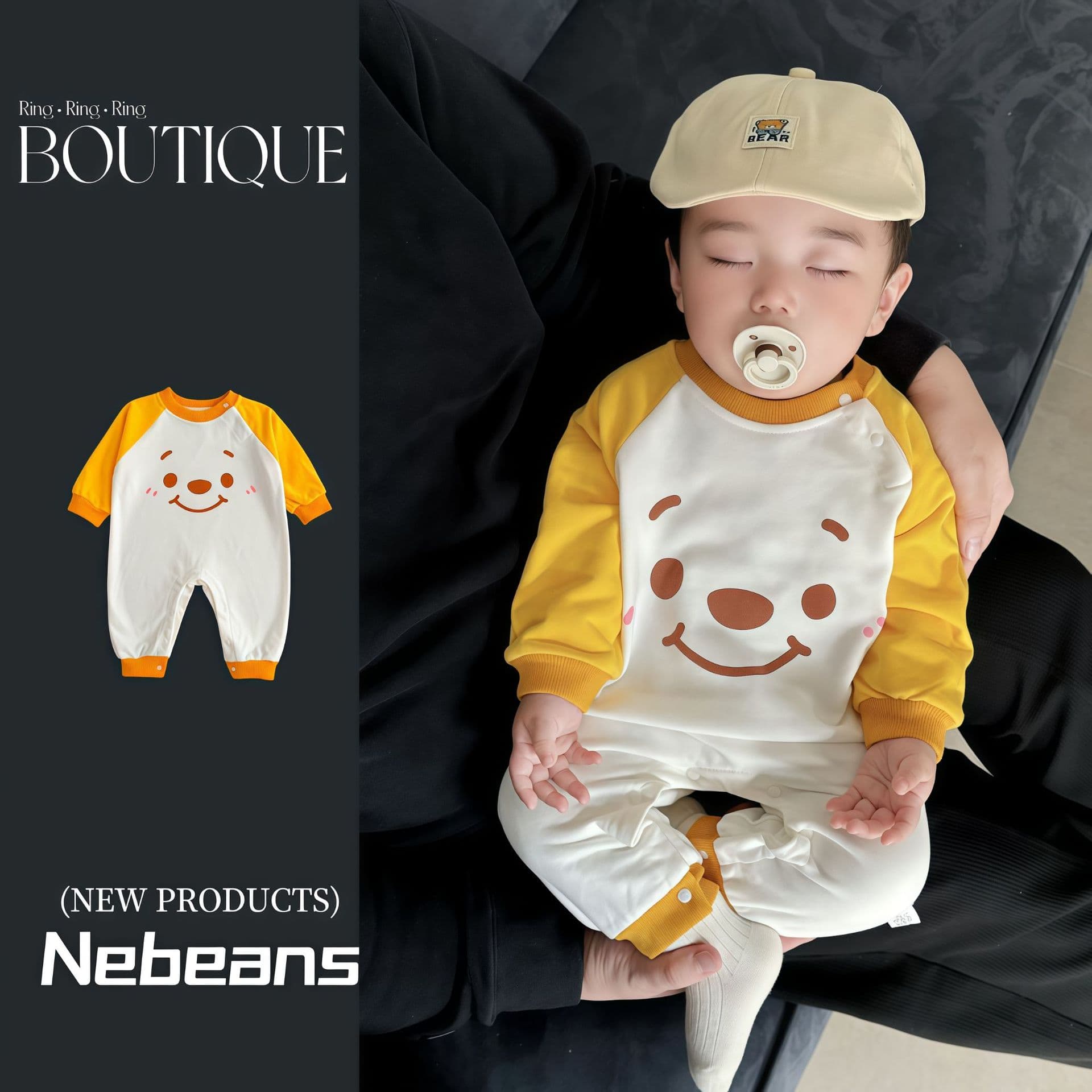 Spring and Autumn New Cotton Baby Jumpsuit Cute Yellow Bear Men's and Women's Long Sleeve Trousers