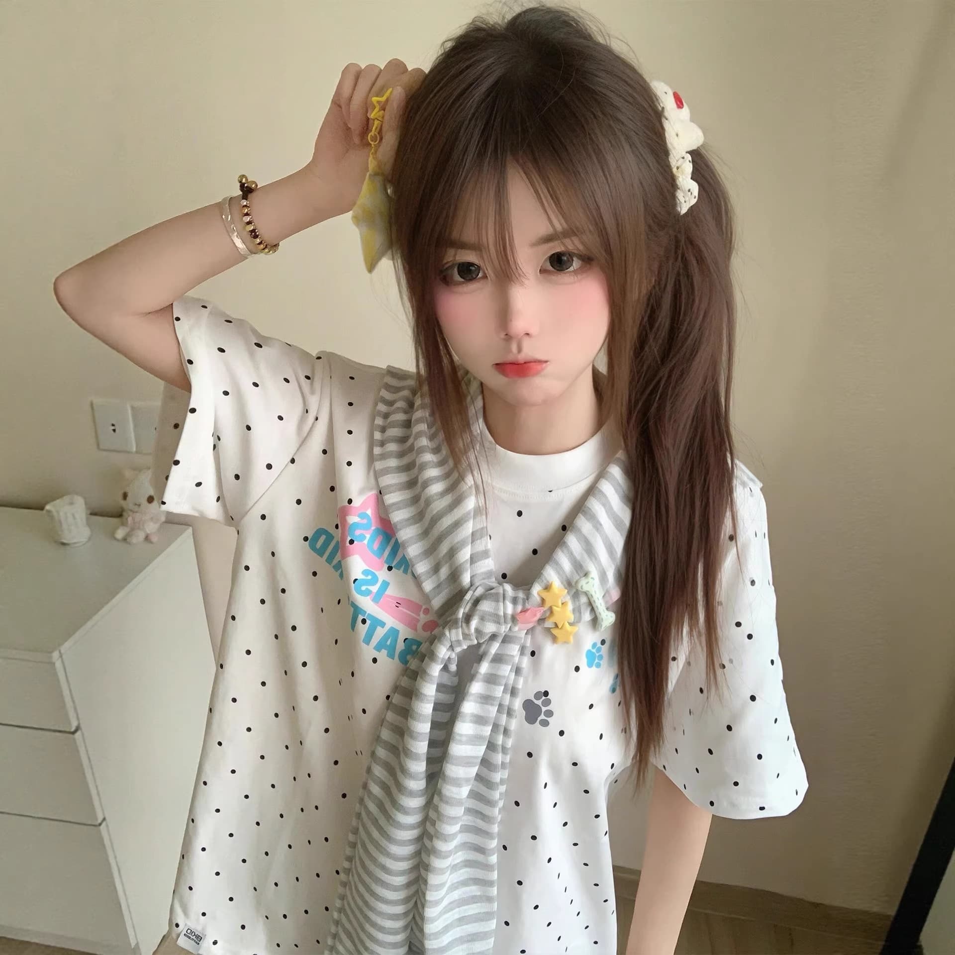 American Retro Polka Dot Letter Print Short Sleeve T-Shirt for Women Summer Hot Girl Slimming Versatile Dopamine Casual Top