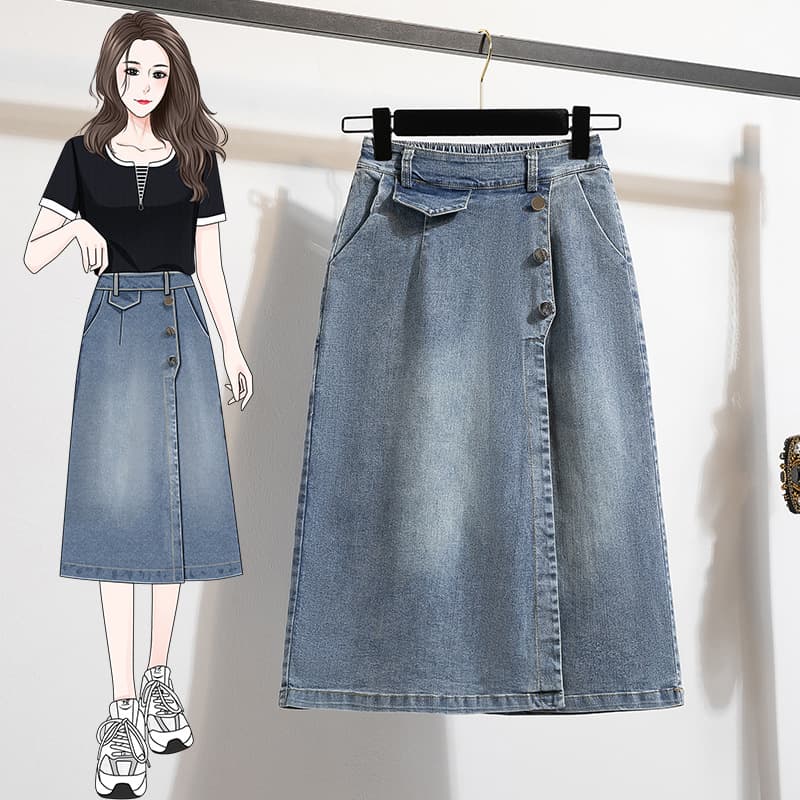 Real price denim fat mm large size retro cropped pants for women in autumn bare high waist A-line pleated skirt