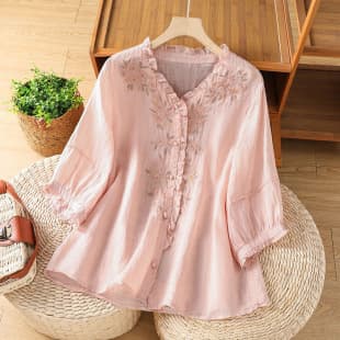 Linen-cotton thin mid-sleeve shirt blouse V-neck this year's new summer solid loose short-sleeve cardigan heavy embroidery