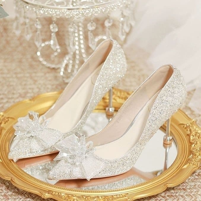 Silver Wedding Shoes for Bride, Crystal Wedding Shoes 2025 New Sequin High Heels Women's Thin Heel White