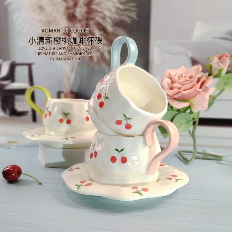 Ins-Style Creamy Yellow Fresh Cherry Coffee Cup and Saucer Set Creative Hand-Punched Ceramic Cup Irregular Dessert Breakfast Plate