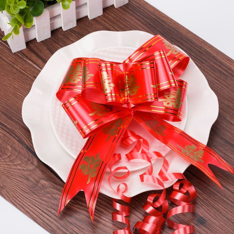 Wholesale Wedding Supplies Hand-Pulled Flower Big Red Dragon and Phoenix Happy Character Hand-Pulled Flower 5cm Large Wedding Car Decorative Car Door Pull Flower