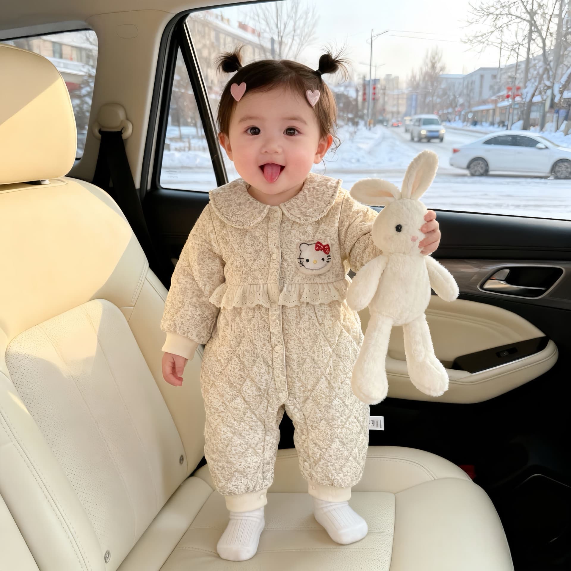 Newborn Baby Winter Cotton-Padded Romper Fleece-Lined Thick Going-Out Outfit Girl Floral Bodysuit
