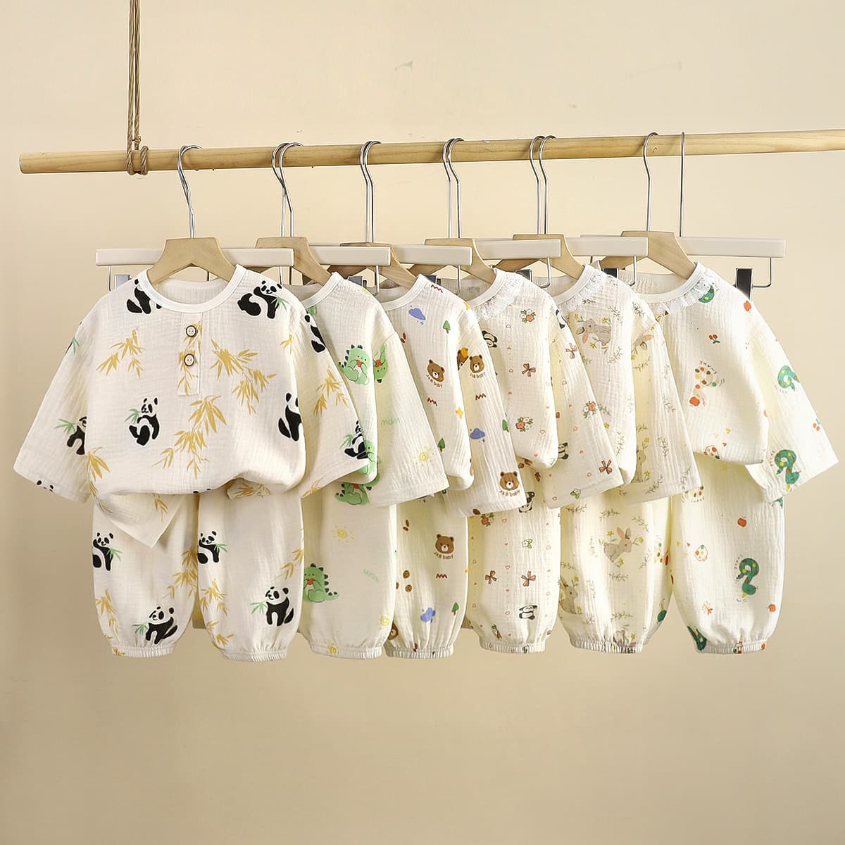Children's Pajamas Lightweight Double-Layer Cotton Gauze Summer Round Neck Boys Air Conditioning Suit Lace Trim Girls Homewear Set