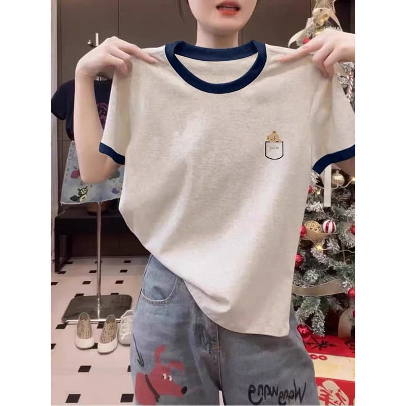 Regular Shoulder Pure Cotton Color-Block Round Neck Short Sleeve T-Shirt Women's Fashion Versatile Light Gray Base Layer Top Summer New Arrival