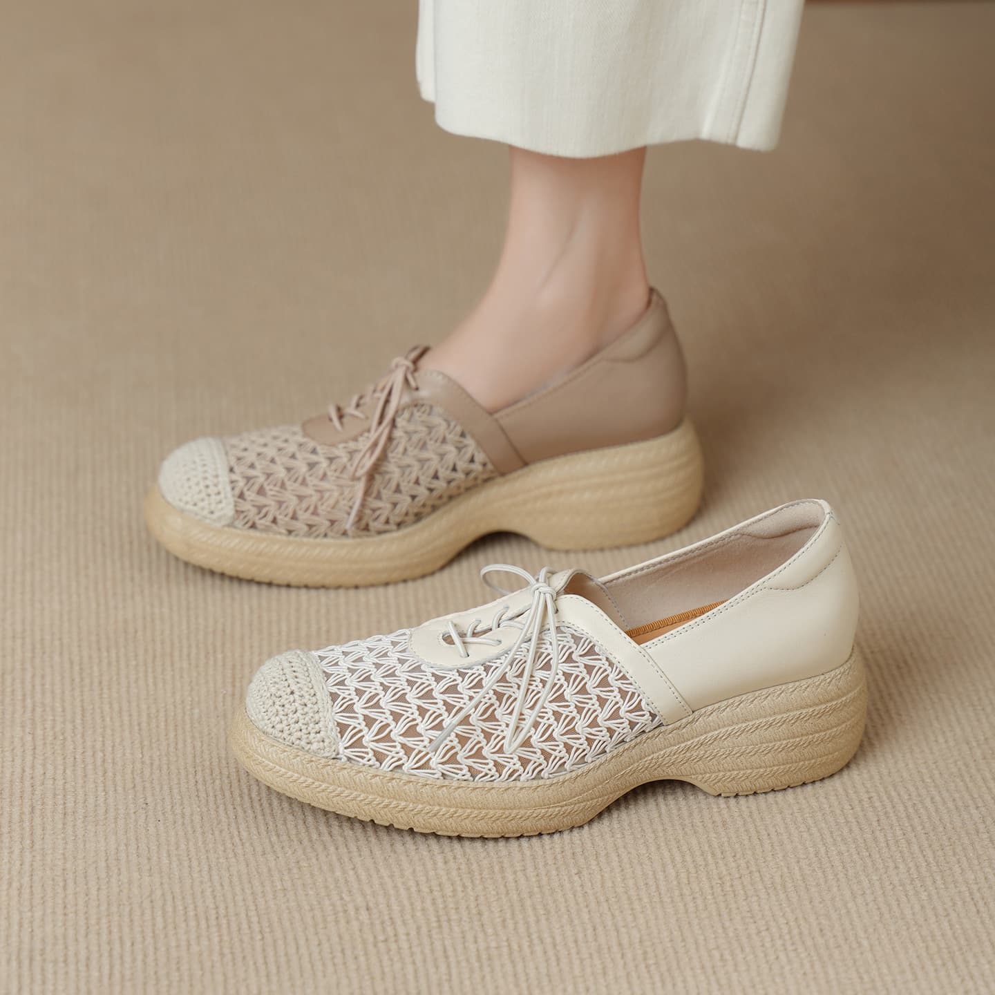 Large Size Woven Thick Sole Women's Shoes 2026 Spring Summer New White Breathable Comfortable Wedge Heel Soft Sole Soft White Women's Shoes
