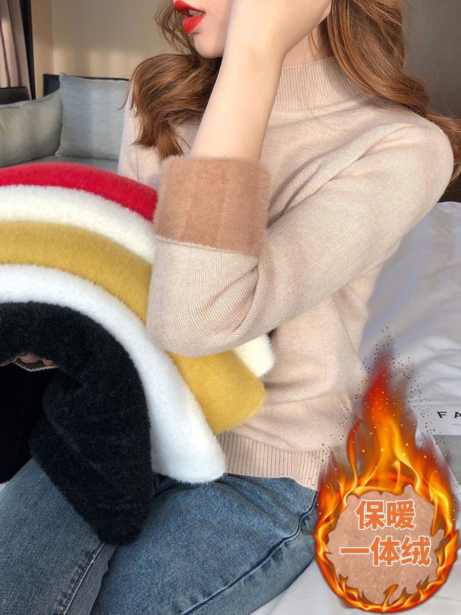 Mink Velvet Sweater for Women 2022 Autumn Winter Half Turtleneck Knitwear Thickened Loose Base Top