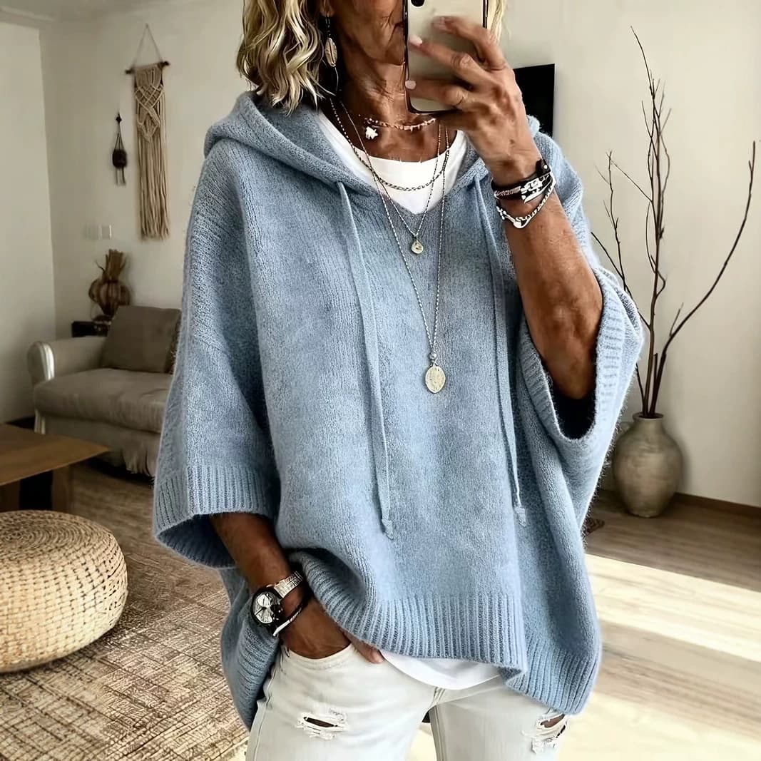 Oversized Batwing Sleeve Knit Hoodie Sweater for Women, Autumn/Winter New Arrival, Loose 3/4 Sleeve Pullover, US/EU Trend