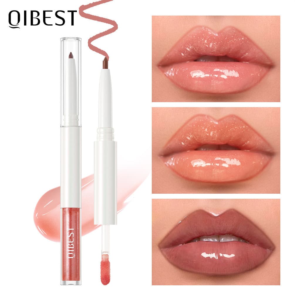 QIBEST double-ended mirror lip glaze two-in-one lip liner lip glaze water-glossy plump lips natural color lip liner makeup