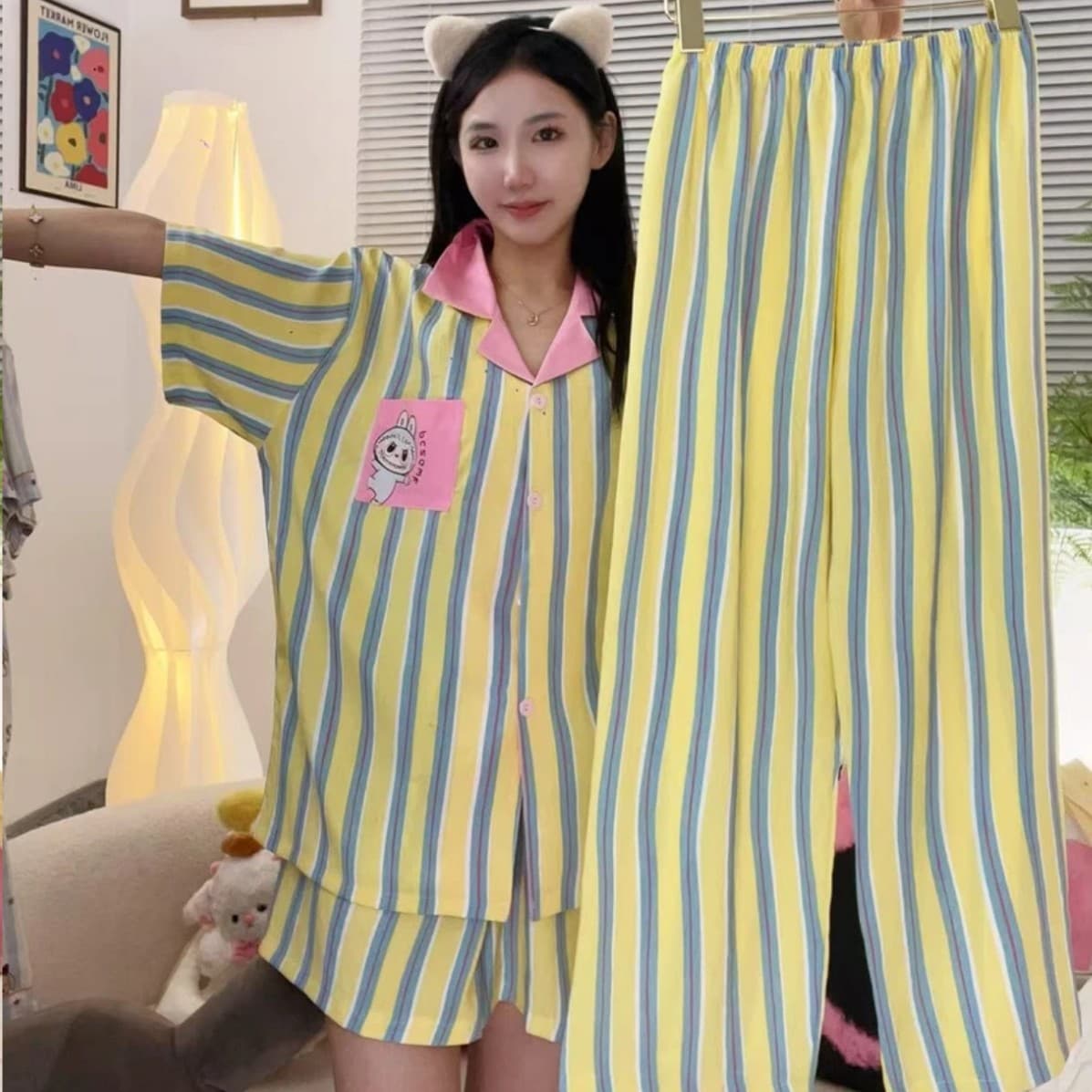 Wholesale Bulk Dopamine Stripe Pajamas for Women Summer Cloud Cotton Short Sleeve Short Pants Three-Piece Set Thin Homewear