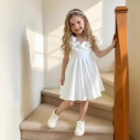 Cross-border 2026 New Style Girls White Dress 3D Floral Strappy Dress