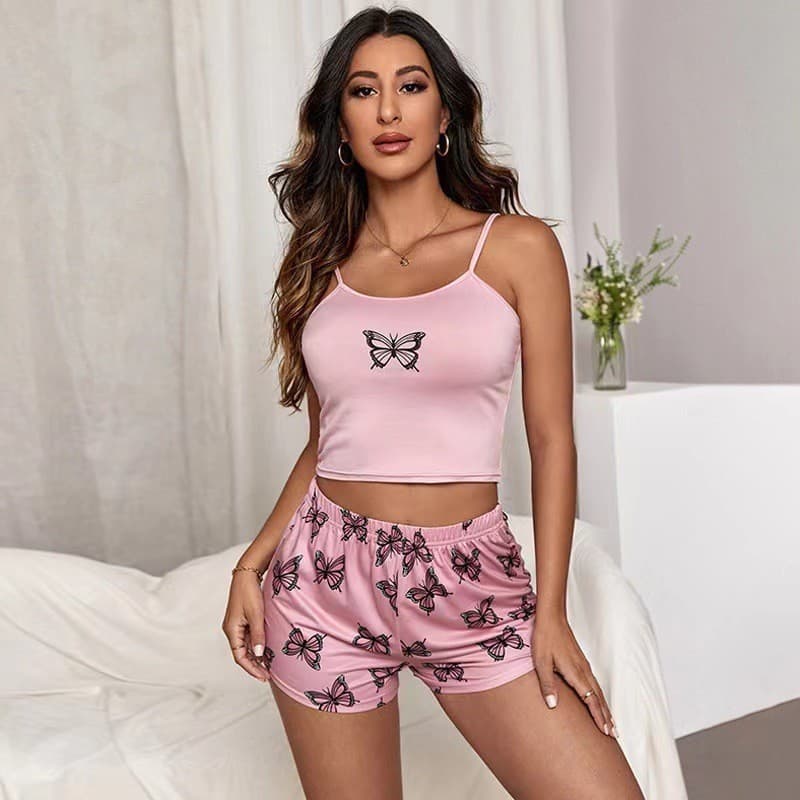 Temu European and American Cross-Border Summer Camisole Shorts Women's Pajama Set Soft Drape Butterfly Print Loungewear Set