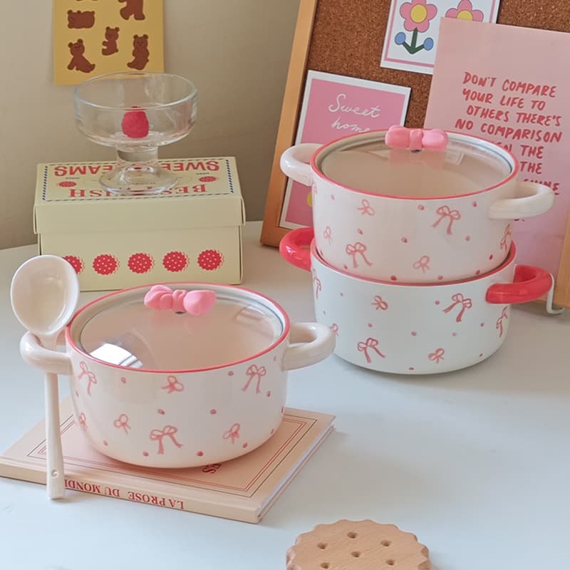 High-Aesthetic Double-Ear Noodle Bowl with Lid, Large Capacity, Cute Dormitory-Specific Noodle Bowl, Soup Bowl, Double-Ear Bowl, Ceramic Tableware