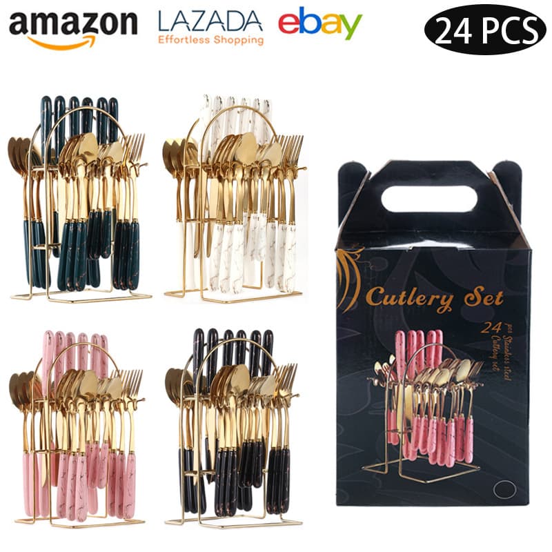 Cross-border stainless steel cutlery set, Nordic style, 24-piece set, marble pattern dessert spoon, steak knife and fork gift box.