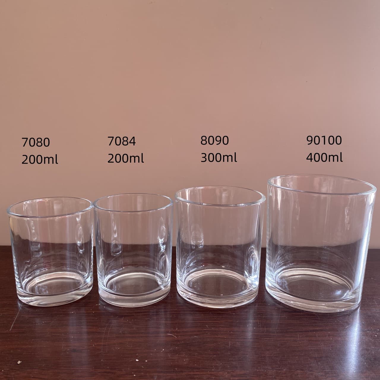 7080, 7084, 8090, 90100, 11080 In-stock Straight-sided Arc-bottom Glass Candle Holder Jar, Candle Cup