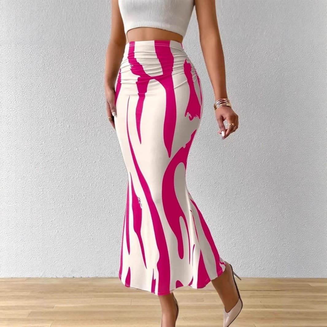 Customizable Summer High-Waist Pleated Pencil Skirt for Women, Printed Slimming Mermaid Skirt