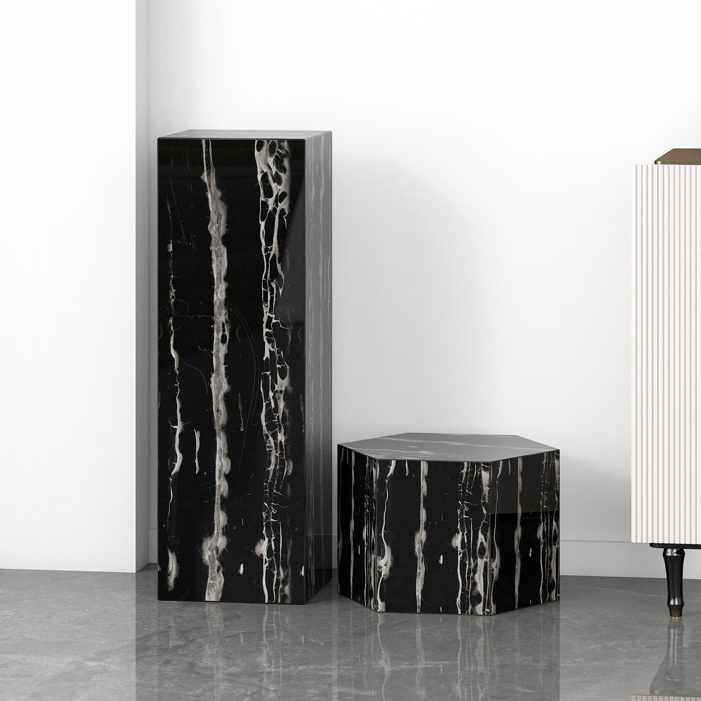 Silver-white marble sculpture base, modern TV cabinet, flower stand, living room floor-standing stone pedestal ornament.