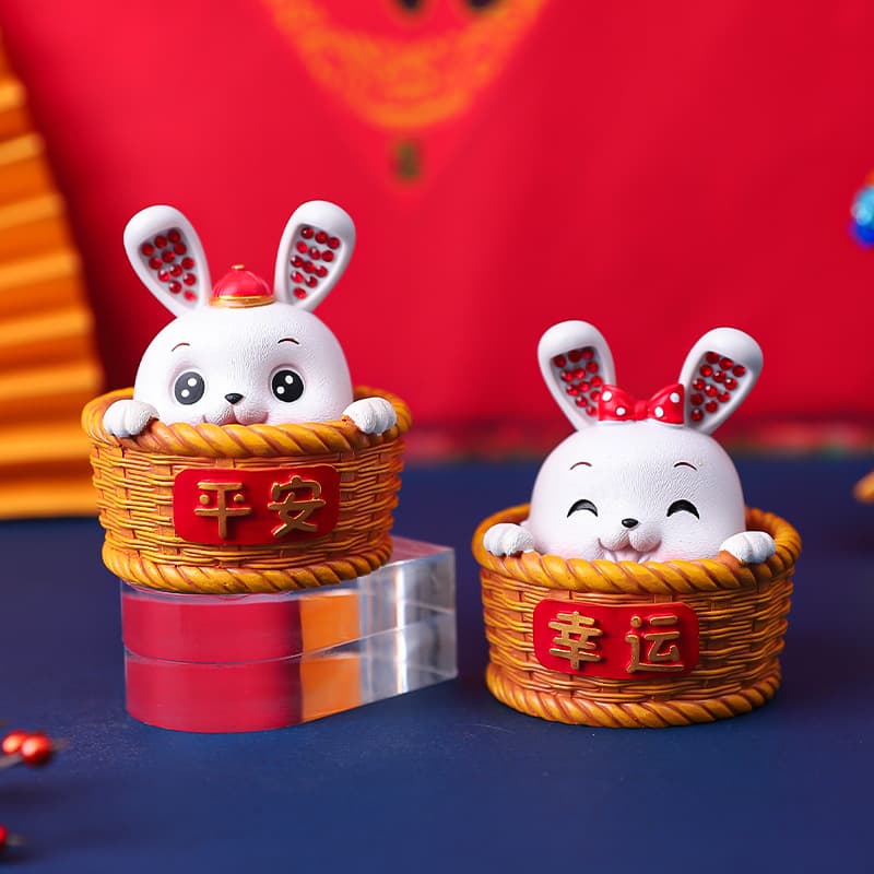 New Year Chinese Trendy Rabbit Blessing Series Basket Rabbit Head-Shaking Car Ornament Craft Gift Small Decoration