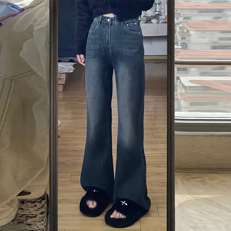 Autumn and winter American retro large size fat mm versatile slim plus velvet thickened jeans feminine temperament micro-flared pants Korean version trendy