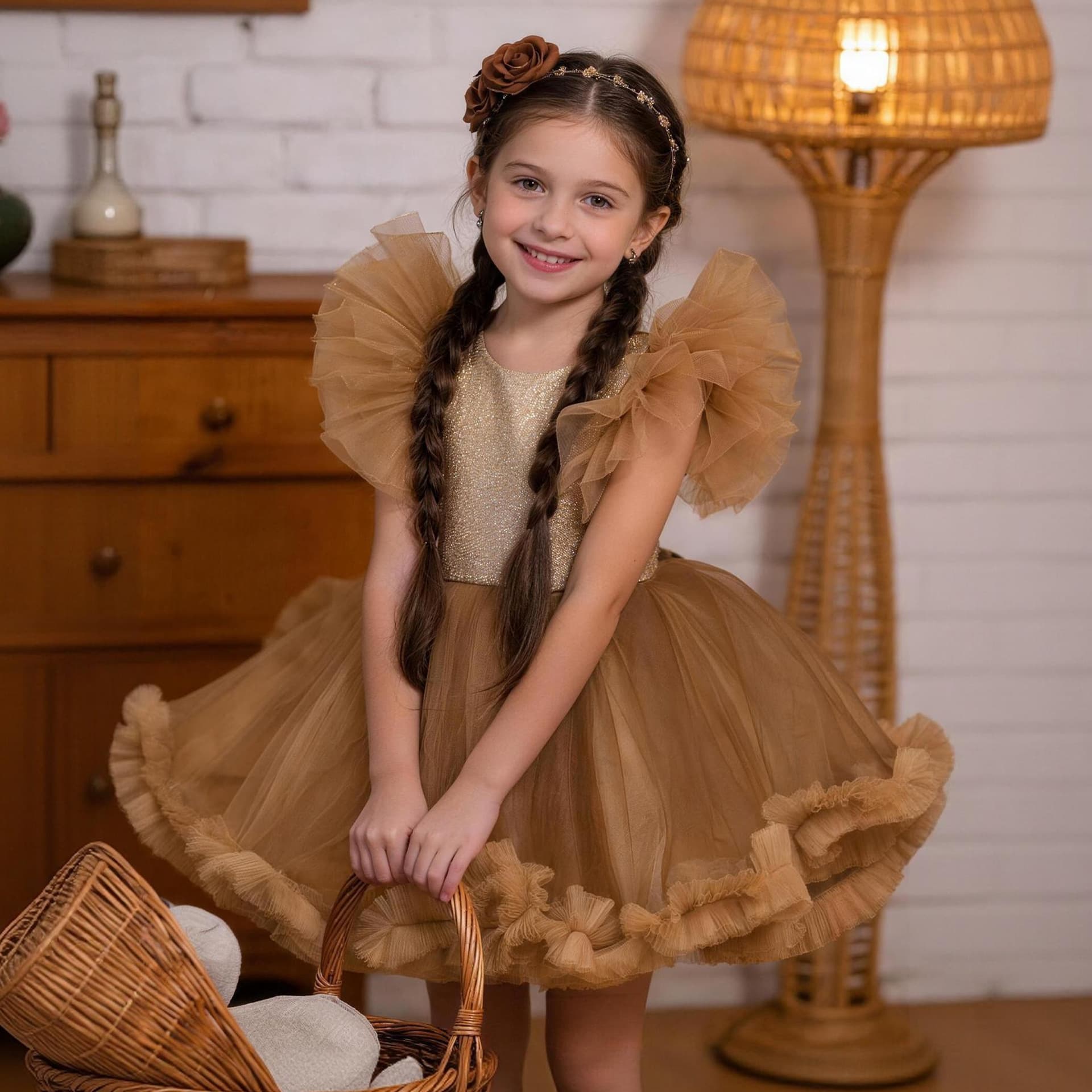 Cross-border Trade Flutter Sleeve Tulle Tutu Dress Birthday Party Piano Hostess Gown Flower Girl Wedding Princess Dress