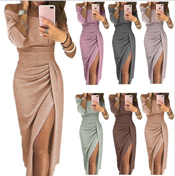 eBay Women's Bodycon Slit Off-Shoulder Dress, Sparkling Evening Dress, Non-Sheer