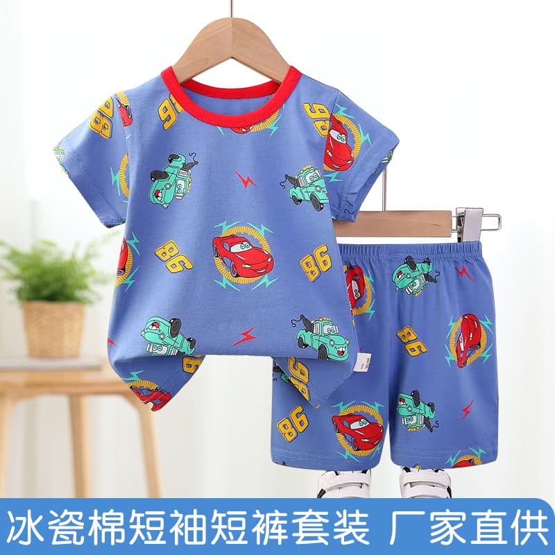 Pajamas for kids Korean-style ice porcelain cotton all-over print short-sleeve shorts pajama set cartoon children's loungewear