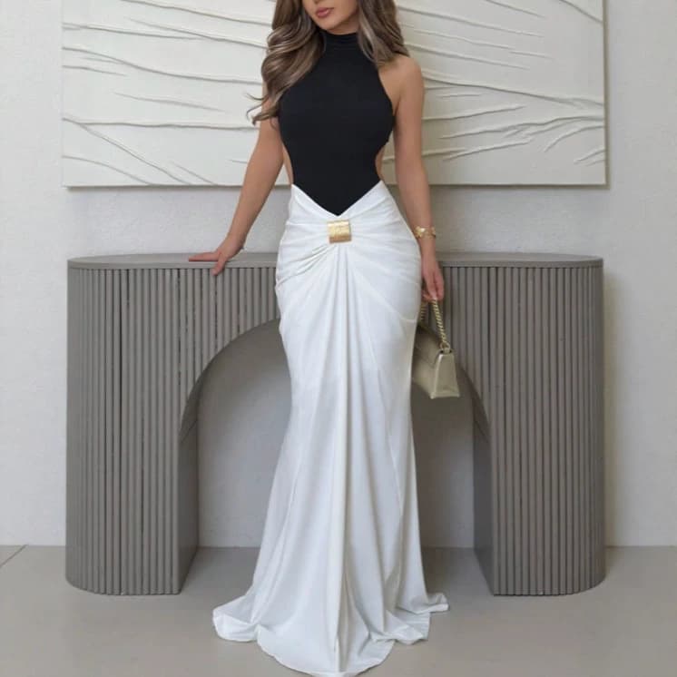 2026 foreign trade new style streamer halterneck lace-up long skirt European and American style sexy sleeveless pleated slim dress