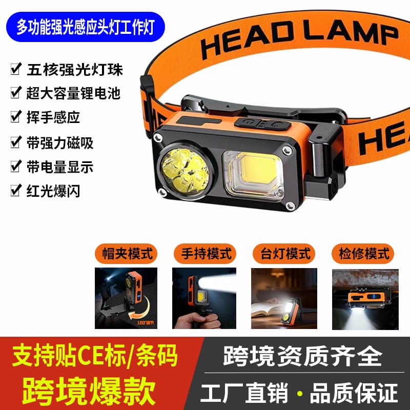 Cross-border Best-selling Strong Light Sensor Headlamp Magnetic Work Light Cap Clip Head-mounted Fishing Light Outdoor Camping Light