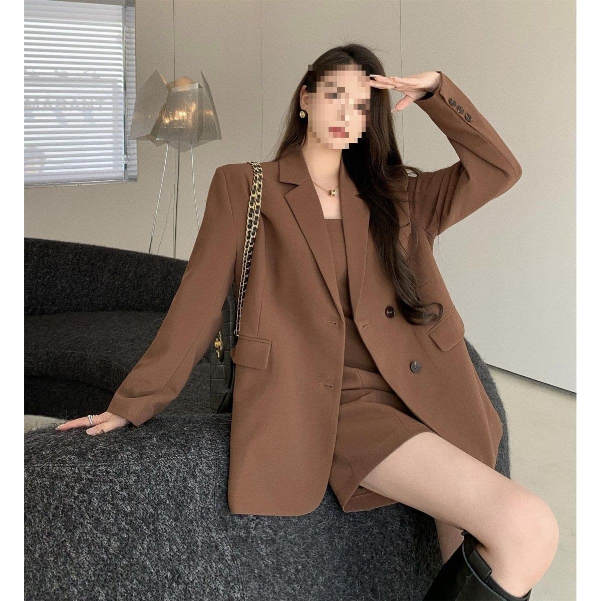 Spring/Autumn Style Women's Oversized Blazer with Slim Fit and Slimming Slip Dress: A Two-Piece Set for a Mature and Sophisticated Look