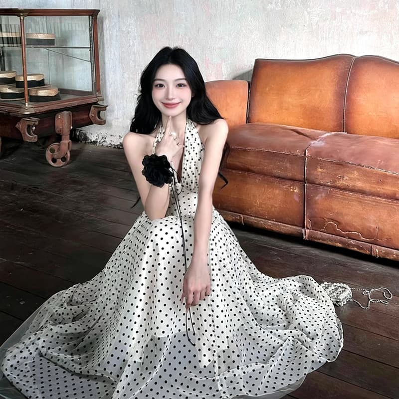 Polka Dot Halter Neck Dress for Women, Early Spring New Fishbone V-Neck Long Dress, Elegant Waist-Cinching Pure Desire Style Long Skirt