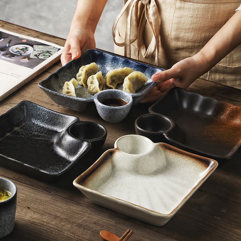 Square dumpling plate with dipping saucer household ceramic round dumpling plate internet celebrity breakfast plate creative divided French fries plate