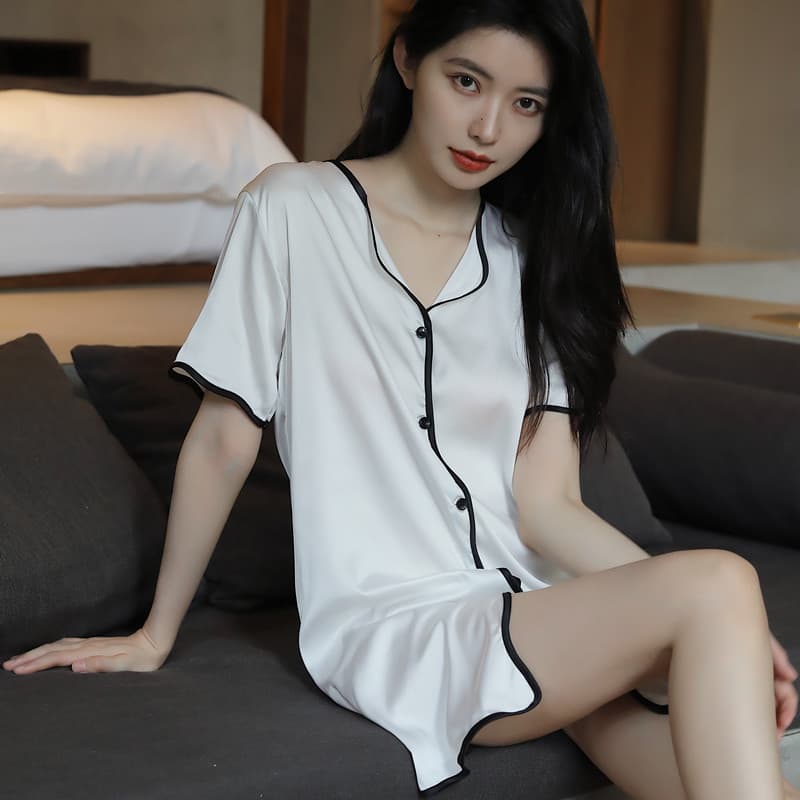 Summer Sexy Silk Pure Color Short-Sleeved Cardigan Nightgown Women's Pajamas Ice Silk Home Casual Home Wear Pure Lust Style