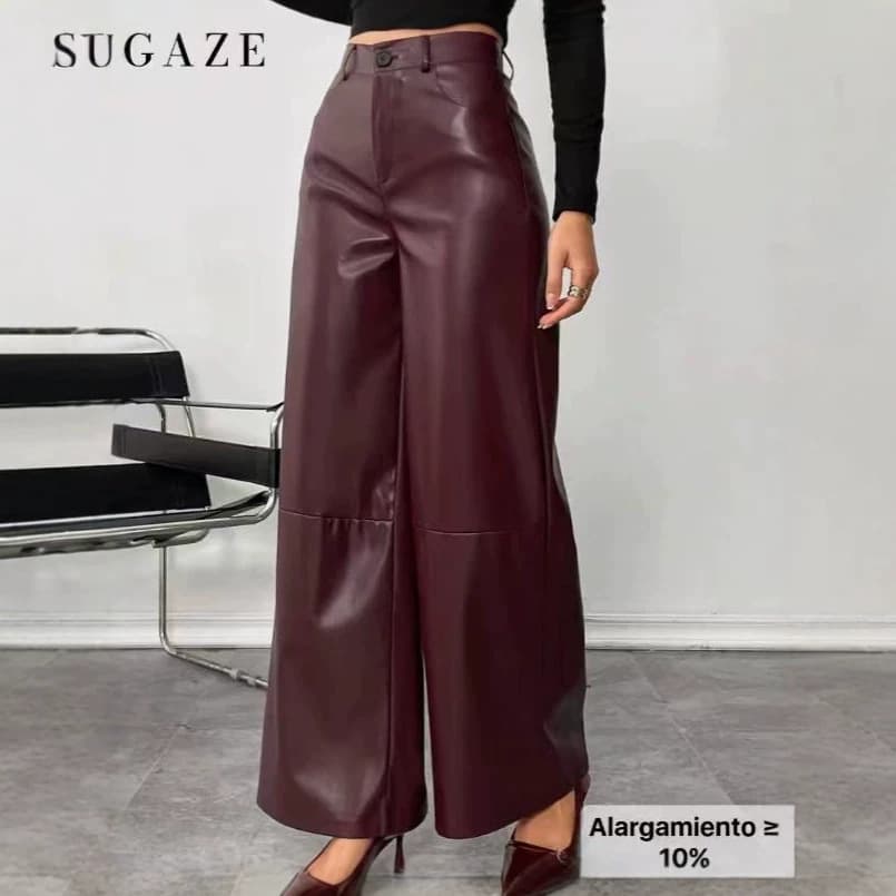 Retro Fashion Wide-Leg Leather Pants for Women, European and American High-Waist Slim Fit Wrap Leather Pants