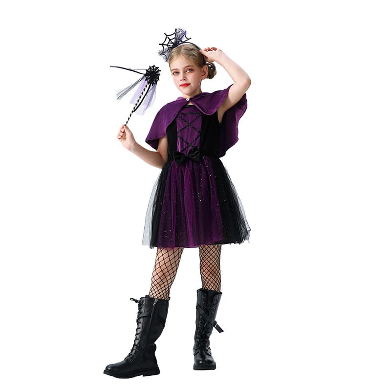 Halloween Kids Costume Purple Witch Dress Cape Cloak Vampire Girl Witch Performance Costume