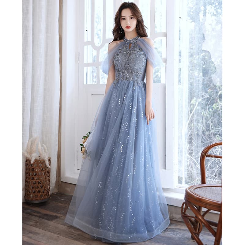 Fairy Evening Gown Women 2026 New Elegant Socialite Long Banquet Blue Choir Performance Dress Summer