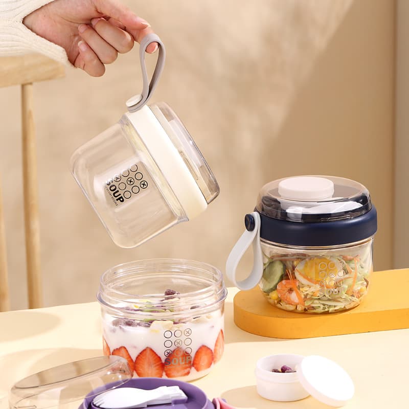 Ready stock wholesale high-aesthetic portable breakfast cup, leak-proof salad container with soft silicone handle and included spoon
