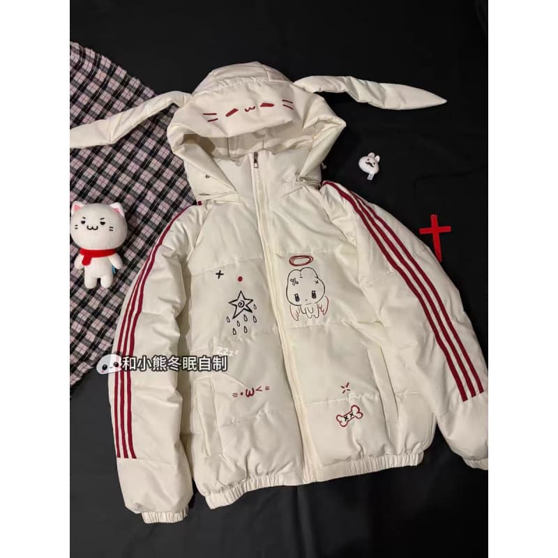 Winter New Style Cute Rabbit Ear Hooded Cotton Coat Women Striped Three-Stripe Puffer Jacket Versatile Warm Outerwear