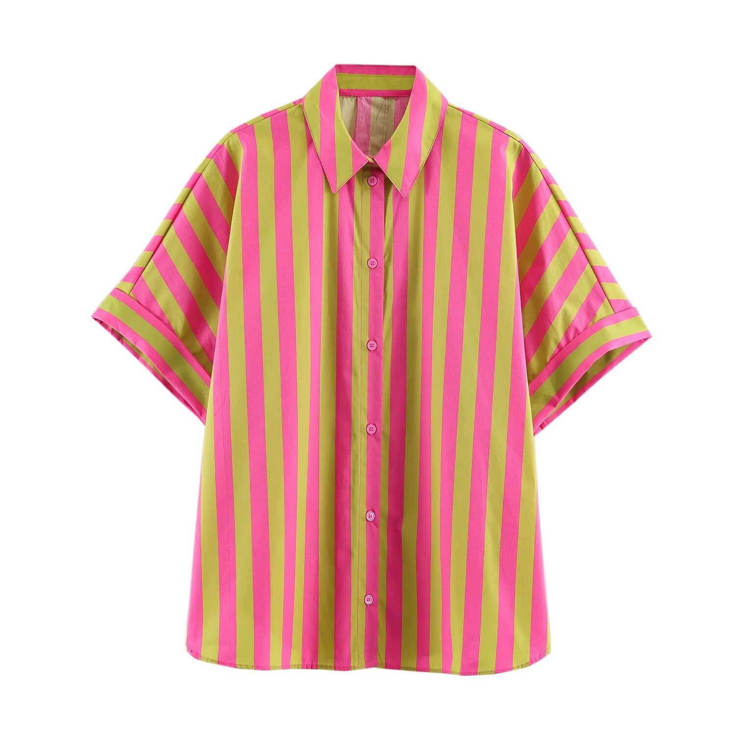 ZA foreign trade wholesale European and American style women's clothing commuting style versatile loose contrast striped short-sleeved shirt 7080320