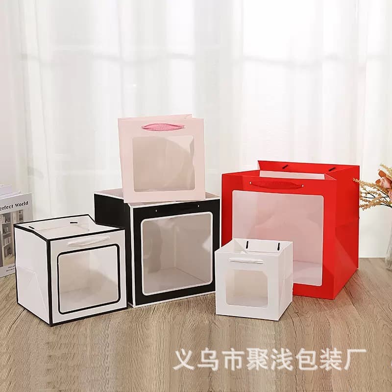 Square paper bag portable packaging bag transparent window flower doll wedding gift bag cake portable packaging bag
