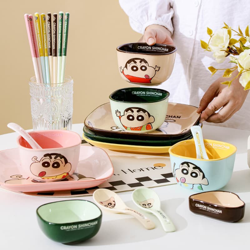 Crayon Shin-Chan Ceramic Tableware Square Rice Bowl High-Value Bowl and Plate Set Household Cartoon Children's Tableware Bowl and Spoon