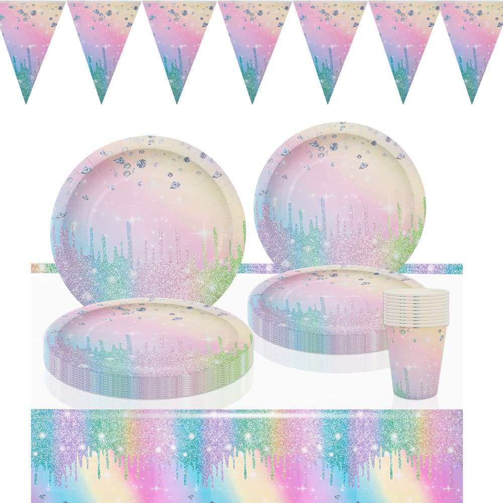 Rainbow Gradient Macaron Diamond Birthday Party Disposable Paper Plate Dinnerware Set Tablecloth Party Decoration Supplies