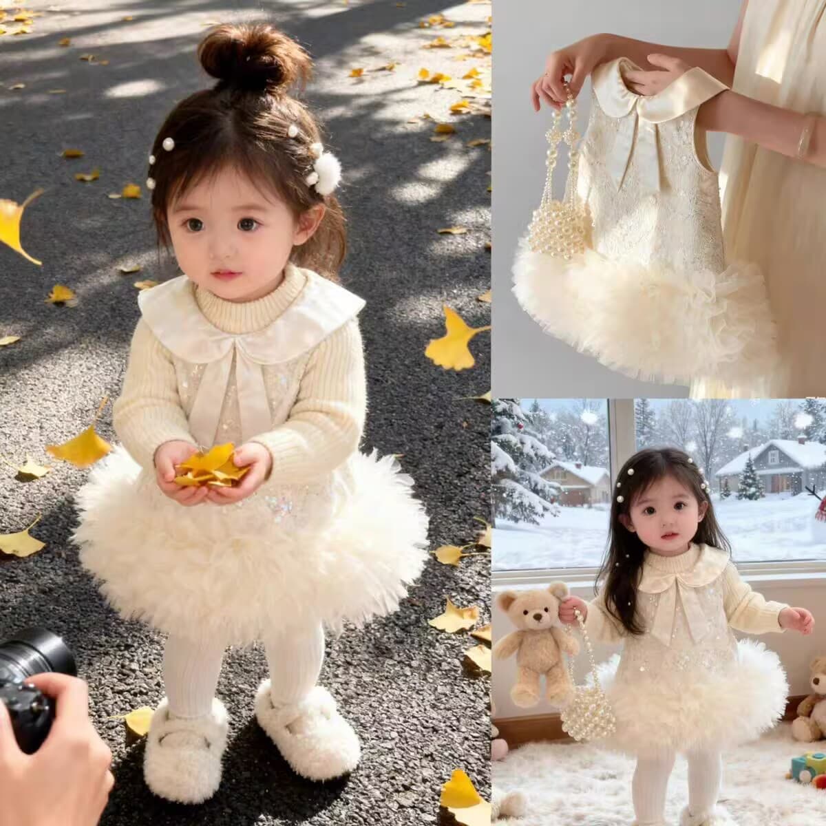 Tian Xiaosi Girls' Little Chanel Style Princess Dress, Winter New Arrival, First Birthday Party Dress, Medium Toddler Thickened Baby Dress, Fashion